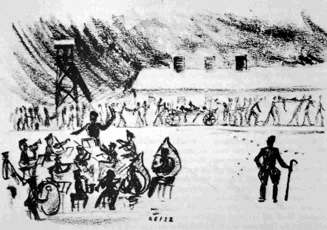 Dibujo realizado en secreto por François Reisz en el campo de exterminio de Birkenau.