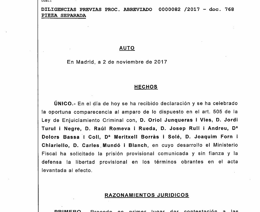 La juez decreta prisión incondicional para todo el Govern cesado menos para&nbsp;Vila