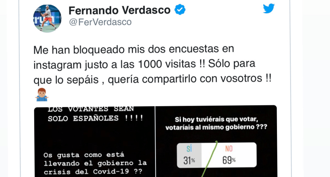 Bloqueado en Instagram el tenista Verdasco por preguntar sobre la gestión del&nbsp;gobierno